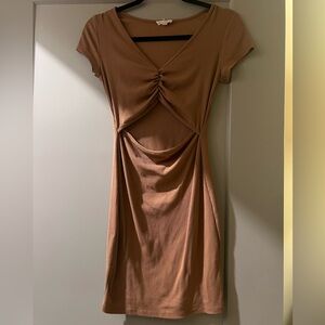 See You Monday Gold Ruched Scoop Neck Mini Dress